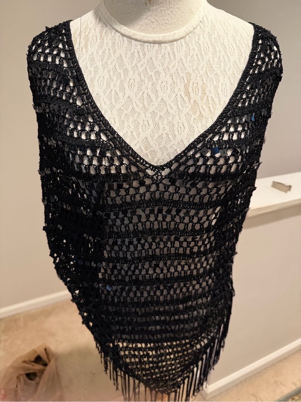Black Sequined Mesh Fringe Scarf - Hip/Neck ScarfWomen Accessories